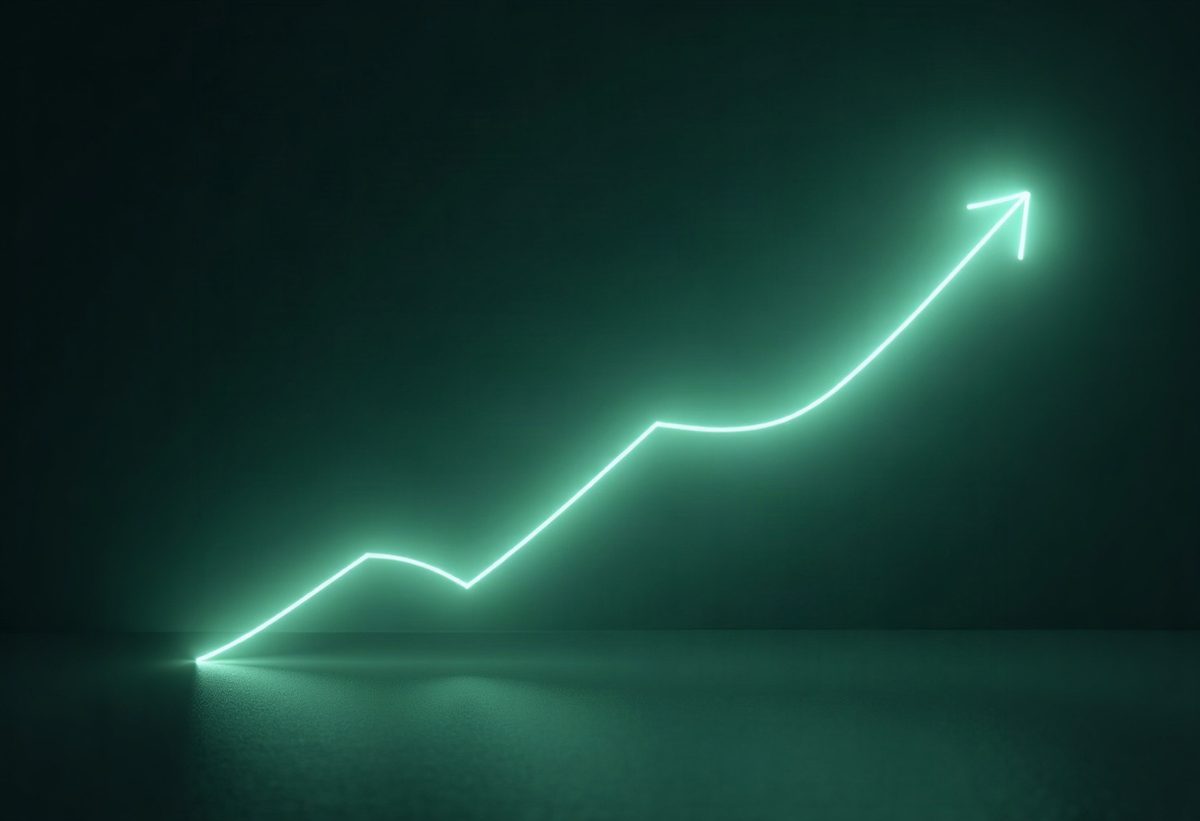 An upward trending line of green light